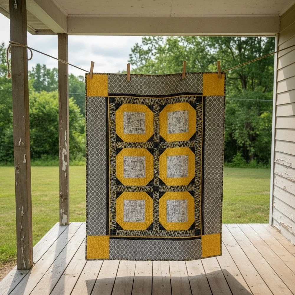 Handmade Modern Yellow Black Quilt Throw‎ 52x54 Lap Size